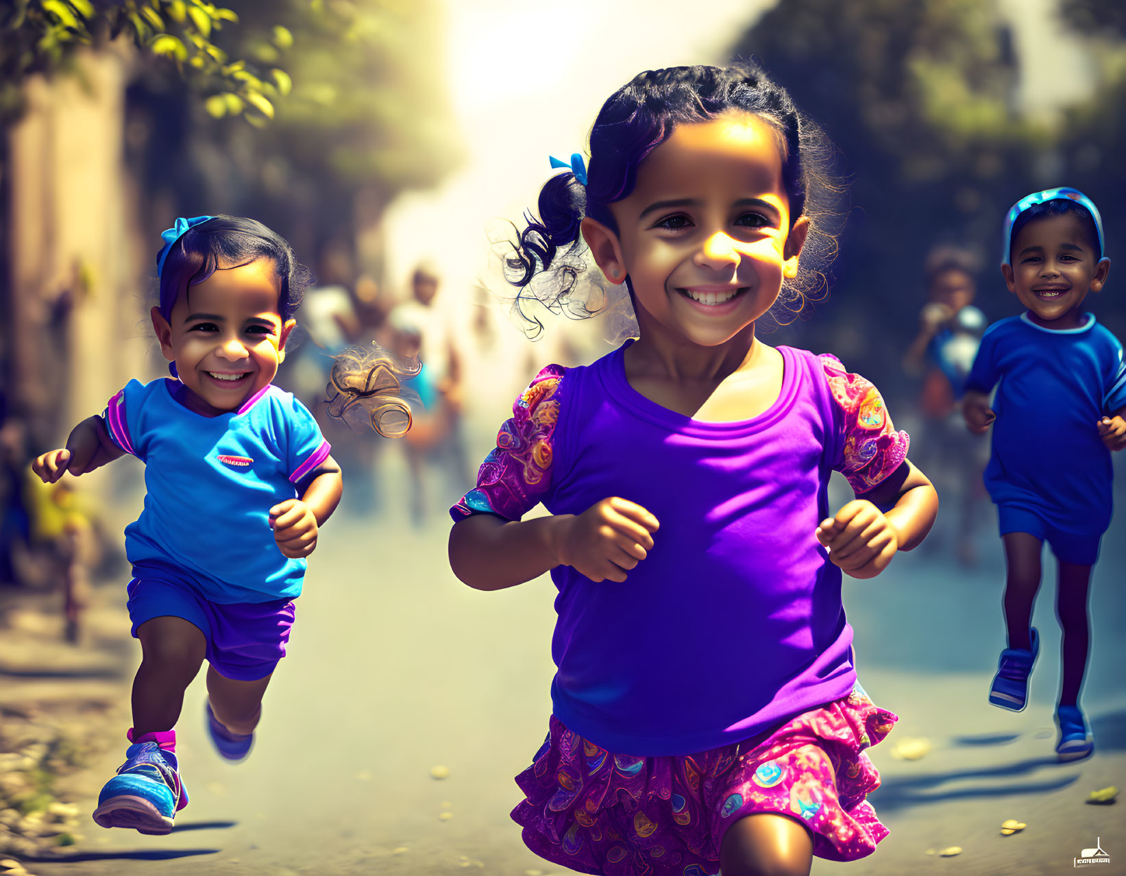 Children playing outdoors: girl in purple leads smiling boy in blue