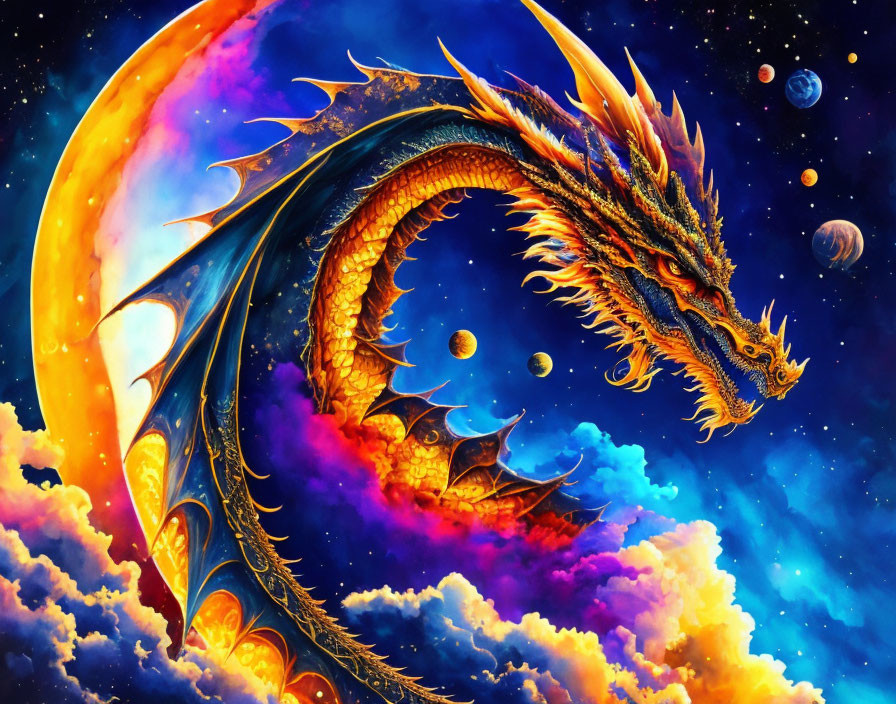 Colorful Artwork: Majestic Dragon Soaring in Cosmic Sky