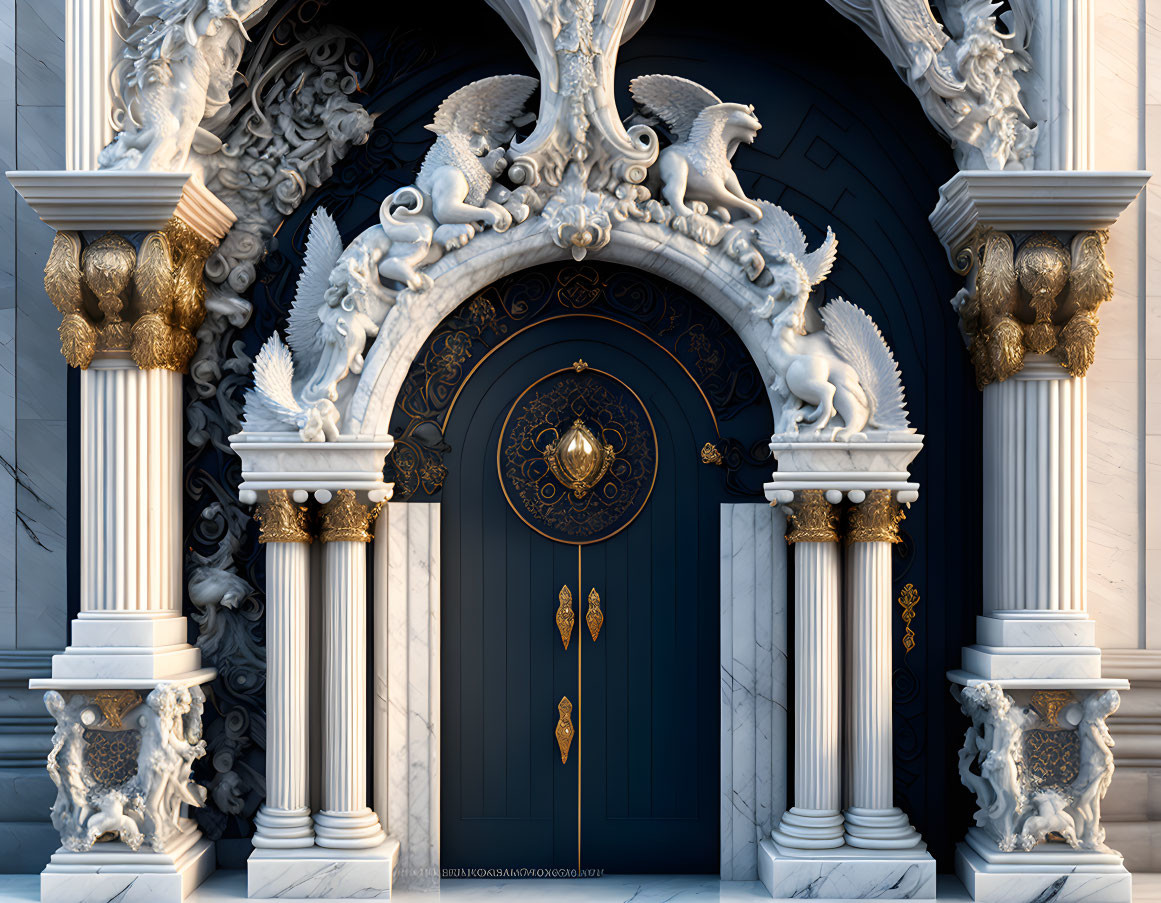 Ornate Entrance with Dark Blue Door and Gold Accents