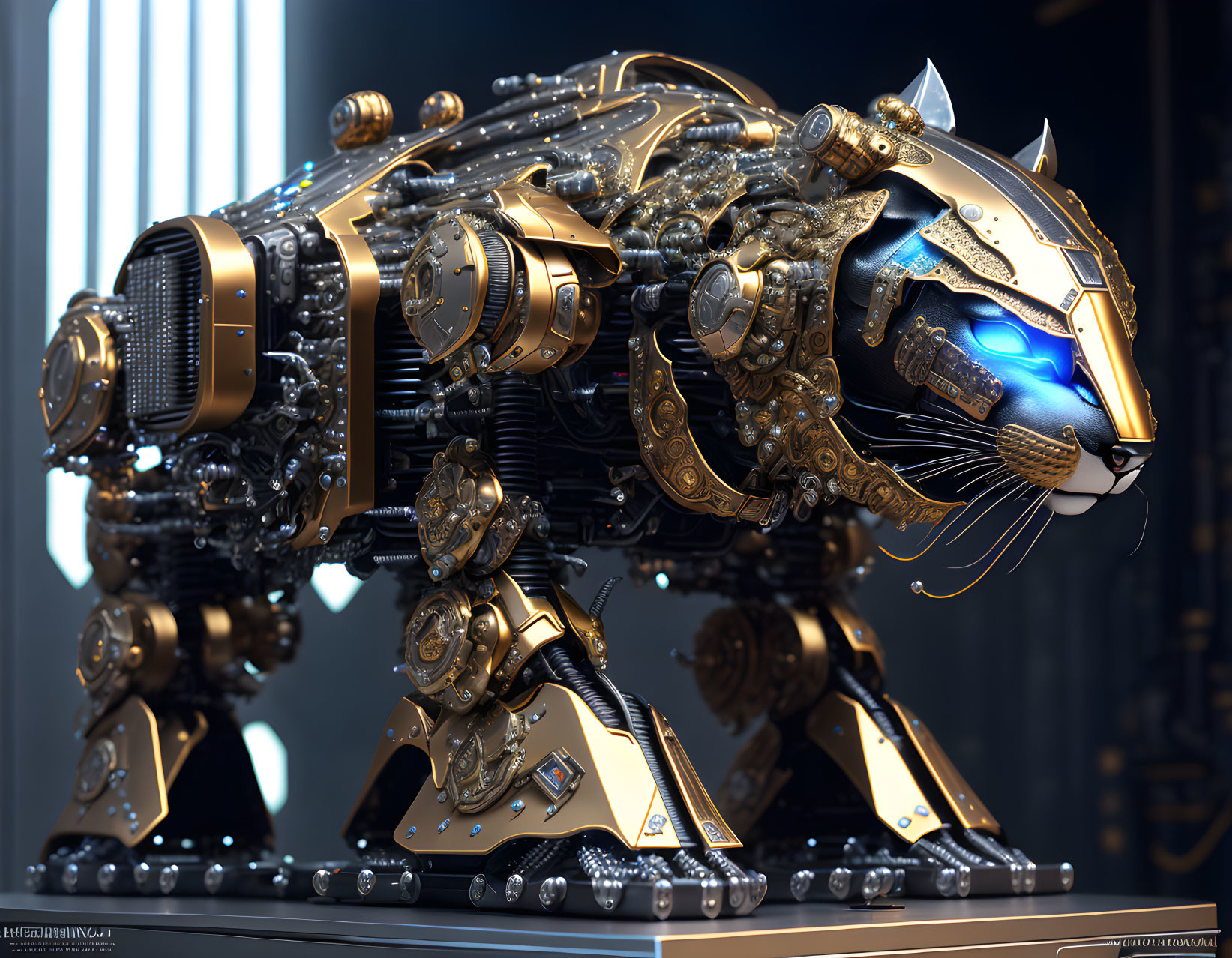 Detailed 3D Rendering of Mechanical Feline-Like Robot with Gold and Silver Parts