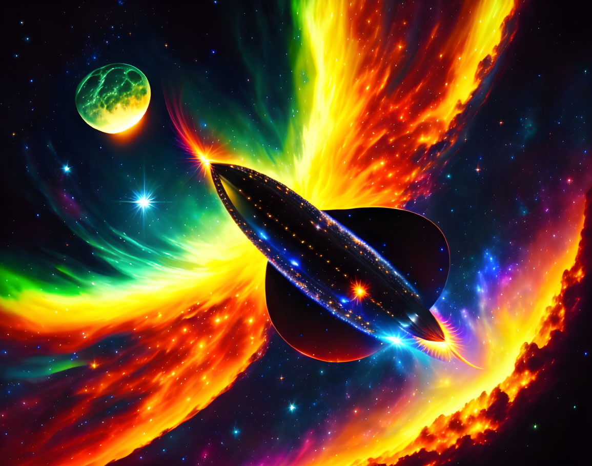 Colorful Space Scene with Spaceship, Nebula Clouds, Planet, Stars, and Comet Trail