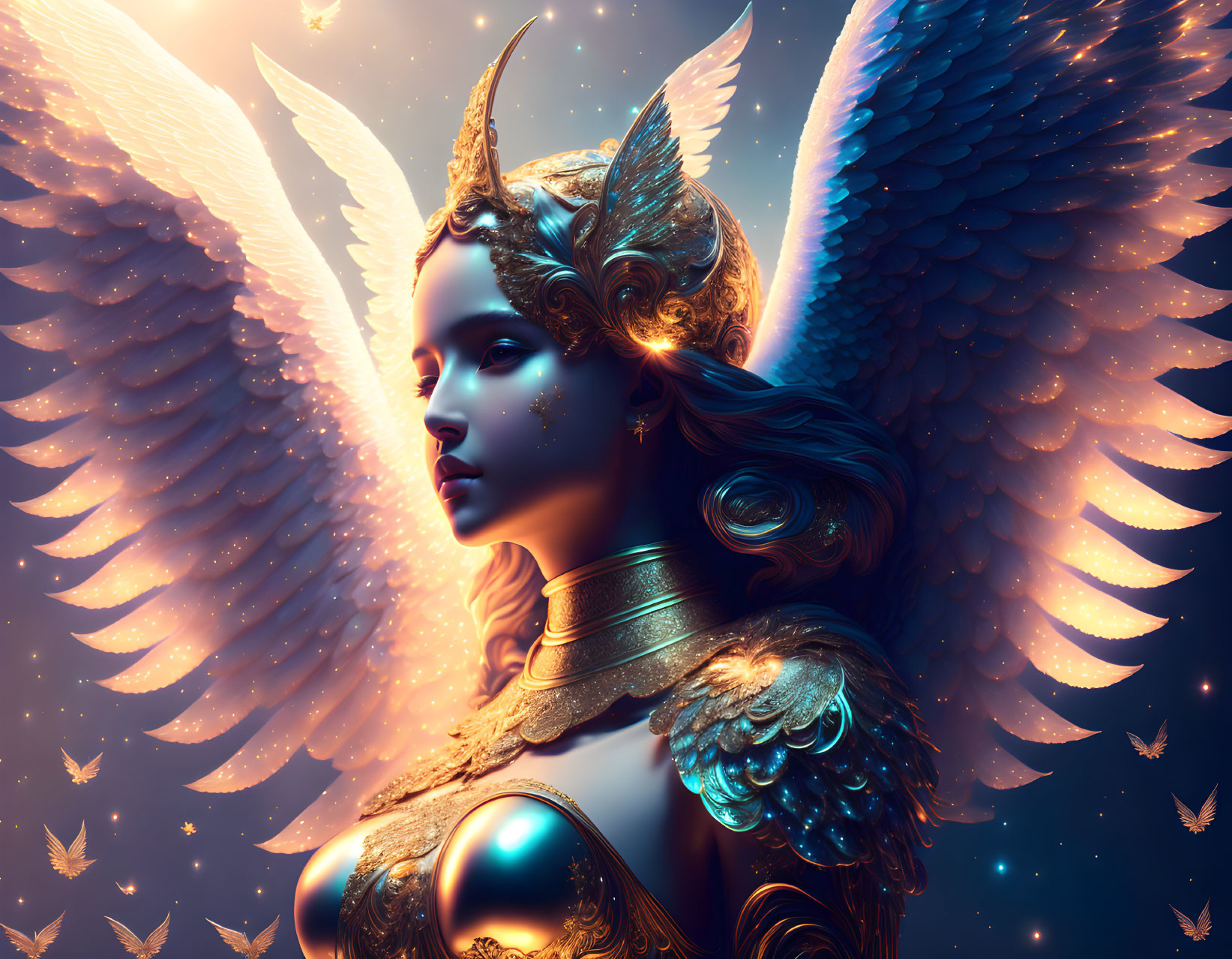 Ethereal being in golden armor with luminous wings on starry background