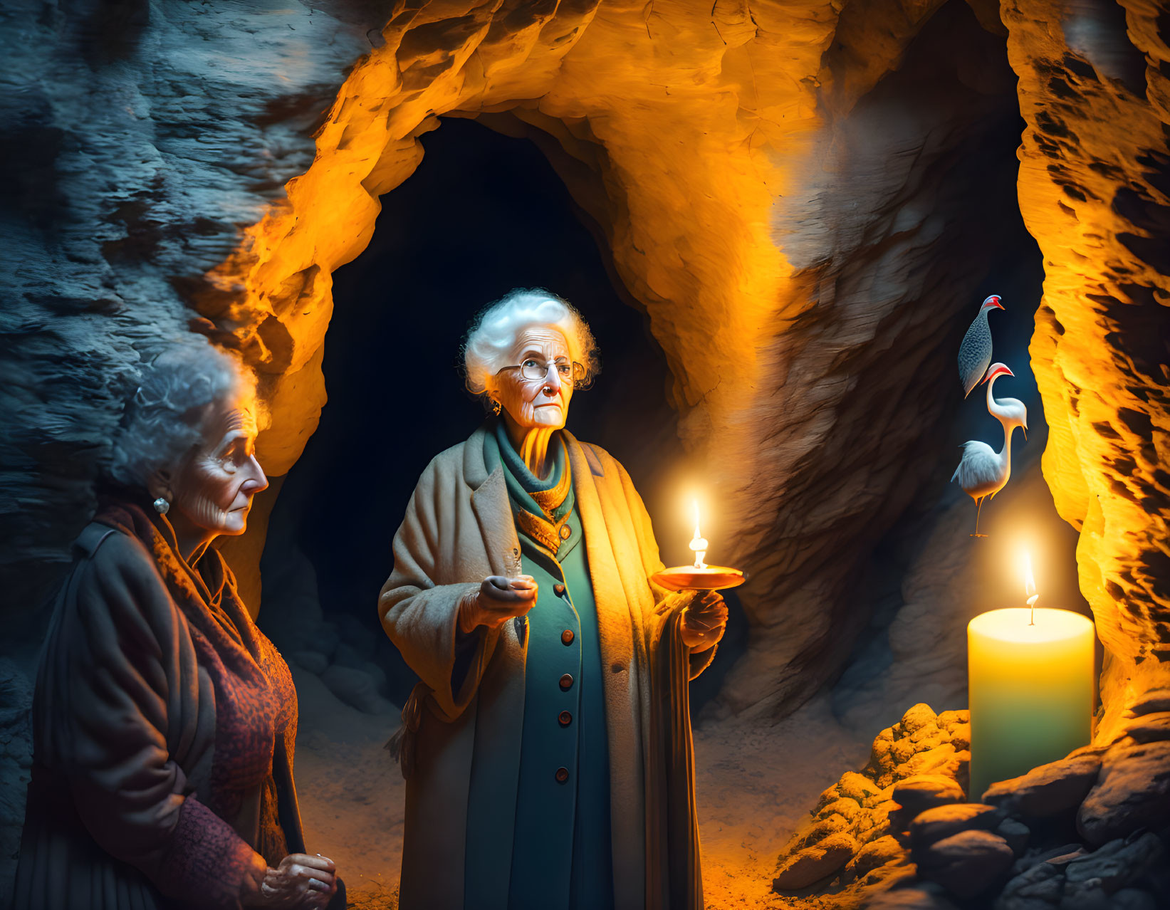 Elderly women with candlestick and glowing bird in cave