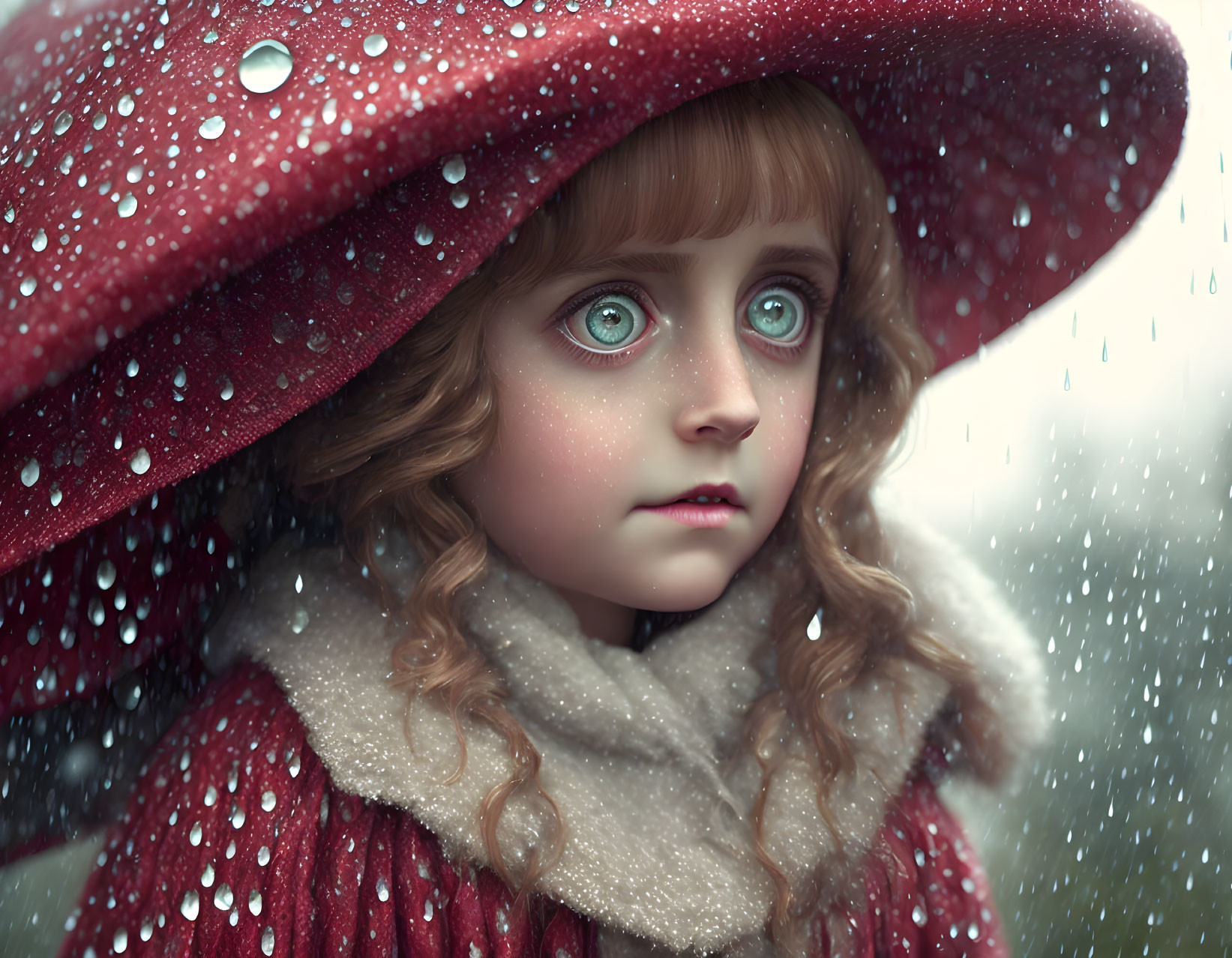 Digital Artwork: Girl with Green Eyes and Red Hat in Rainy Scene