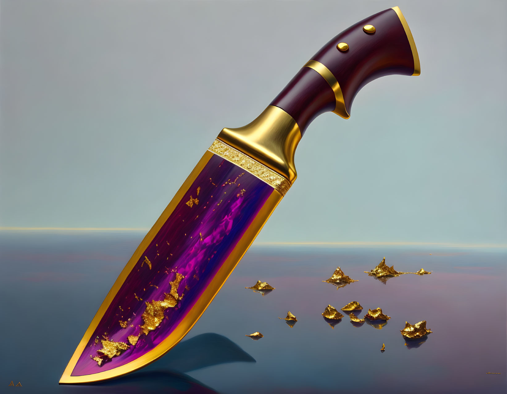 Ornate knife with purple blade, gold inlays, brown handle on reflective surface