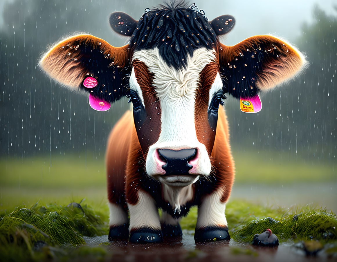 Brown and white cow sitting in the rain with water droplets on head and pink ear tags.