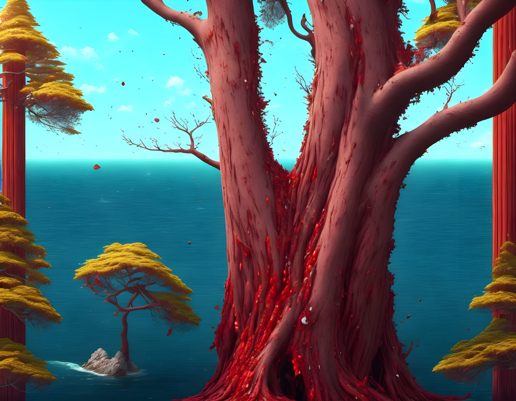 Massive tree with red sap by ocean, surrounded by smaller trees on sunny day