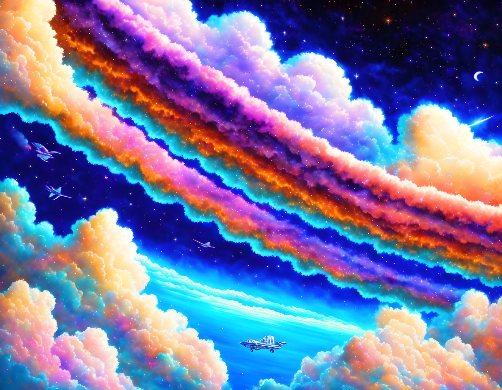 Colorful cosmic scene with spaceship over ocean