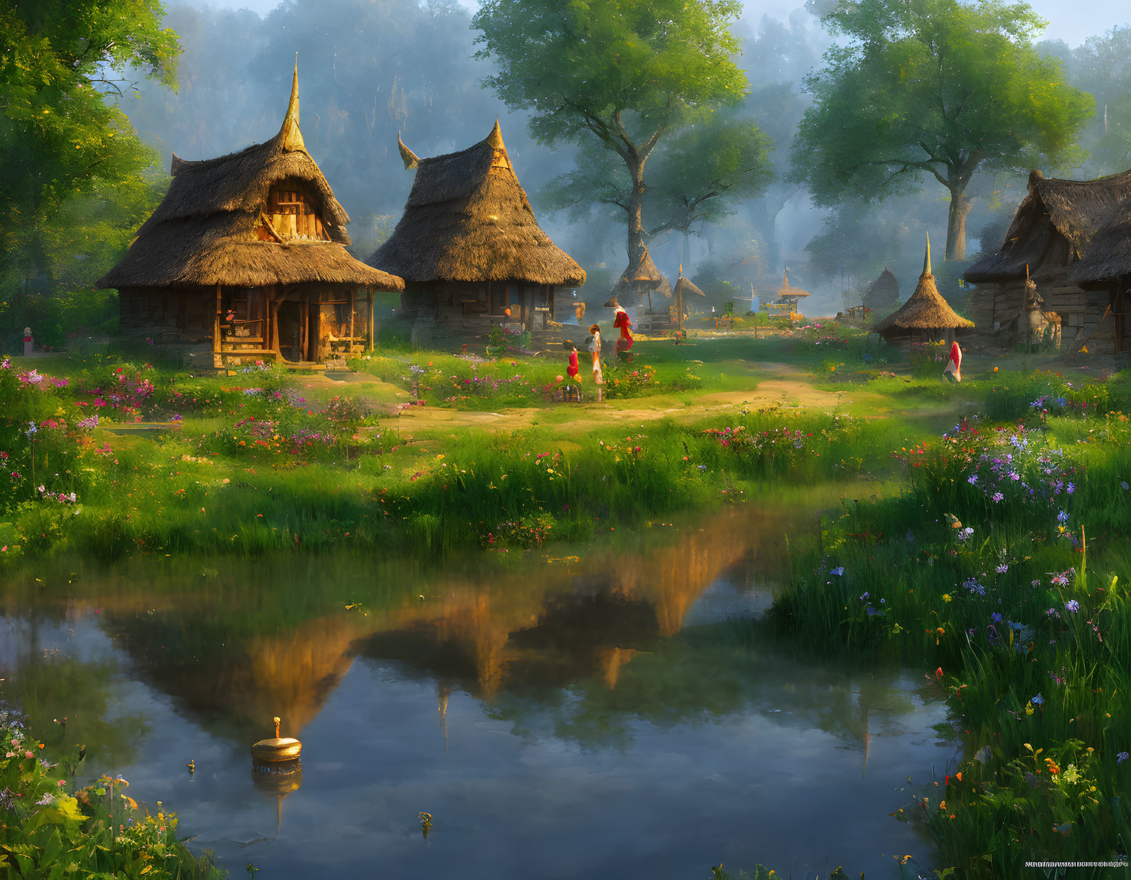 Tranquil village scene with thatched-roof huts, pond, flowers, and children playing