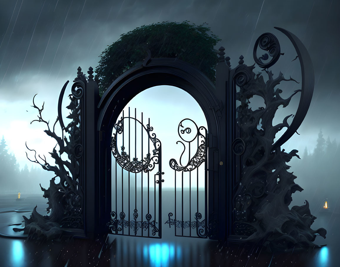 Wrought-iron gate on rainy night with twisted trees and crescent moon