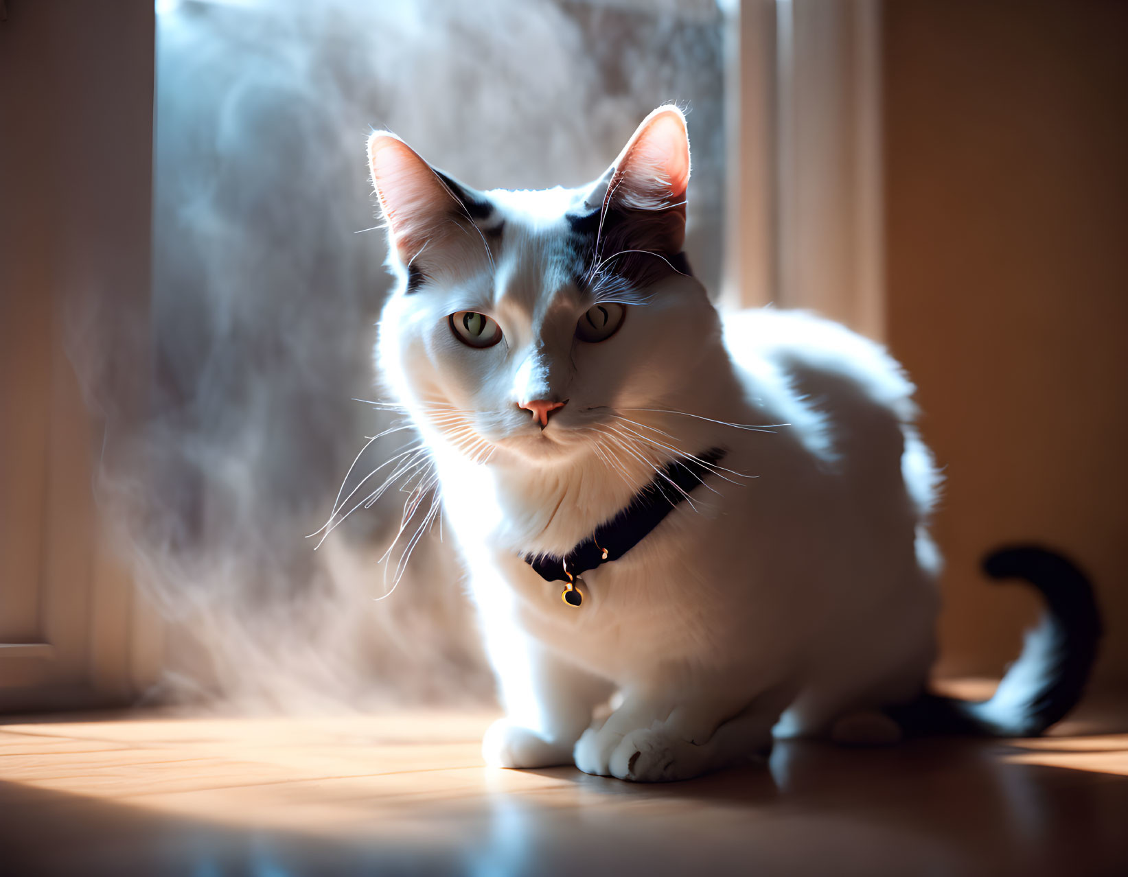 White Cat with Black Markings and Blue Collar in Sunlit Room