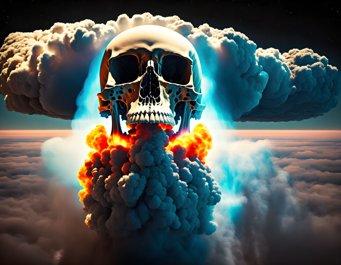 Skull in fiery sky with dramatic clouds and explosions