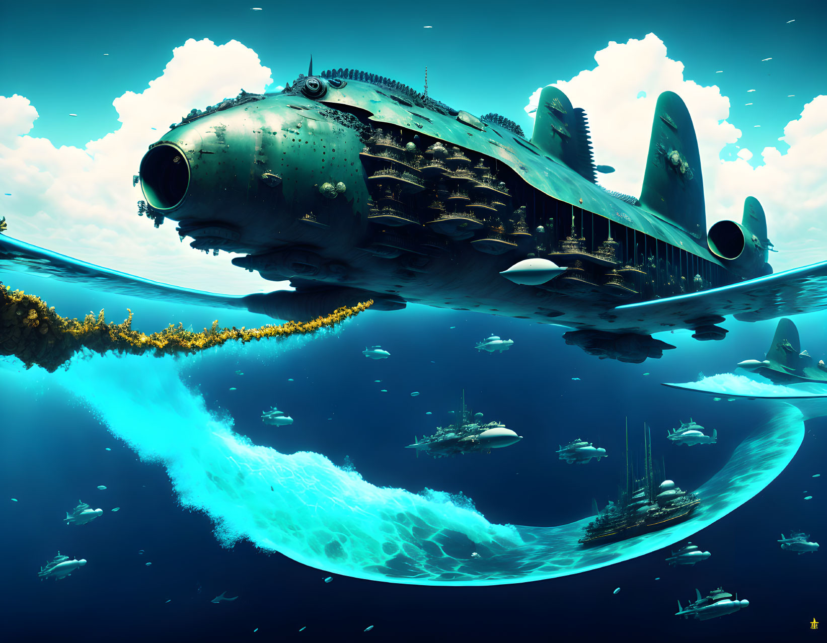 Vibrant underwater scene with submarines and marine life in brilliant blue hues