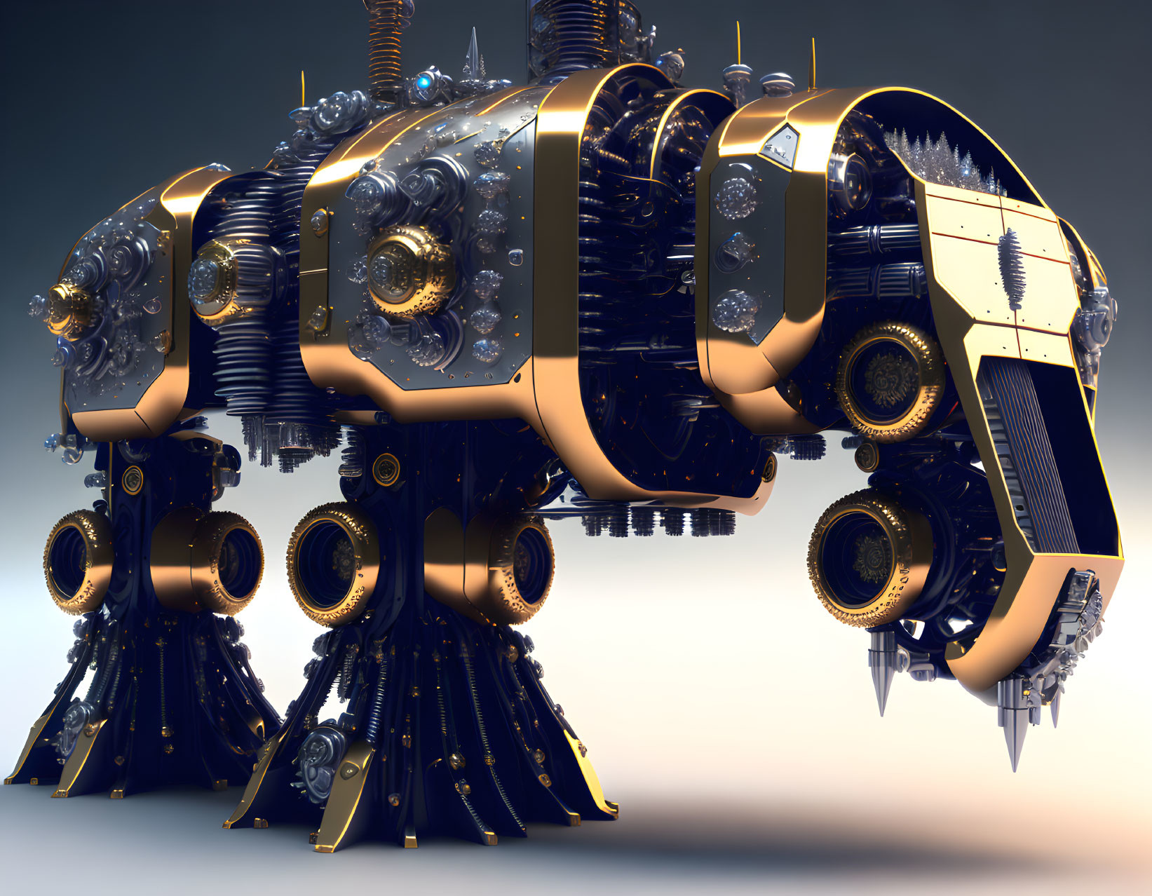 Detailed 3D rendering of futuristic robotic vehicle with gold and chrome parts