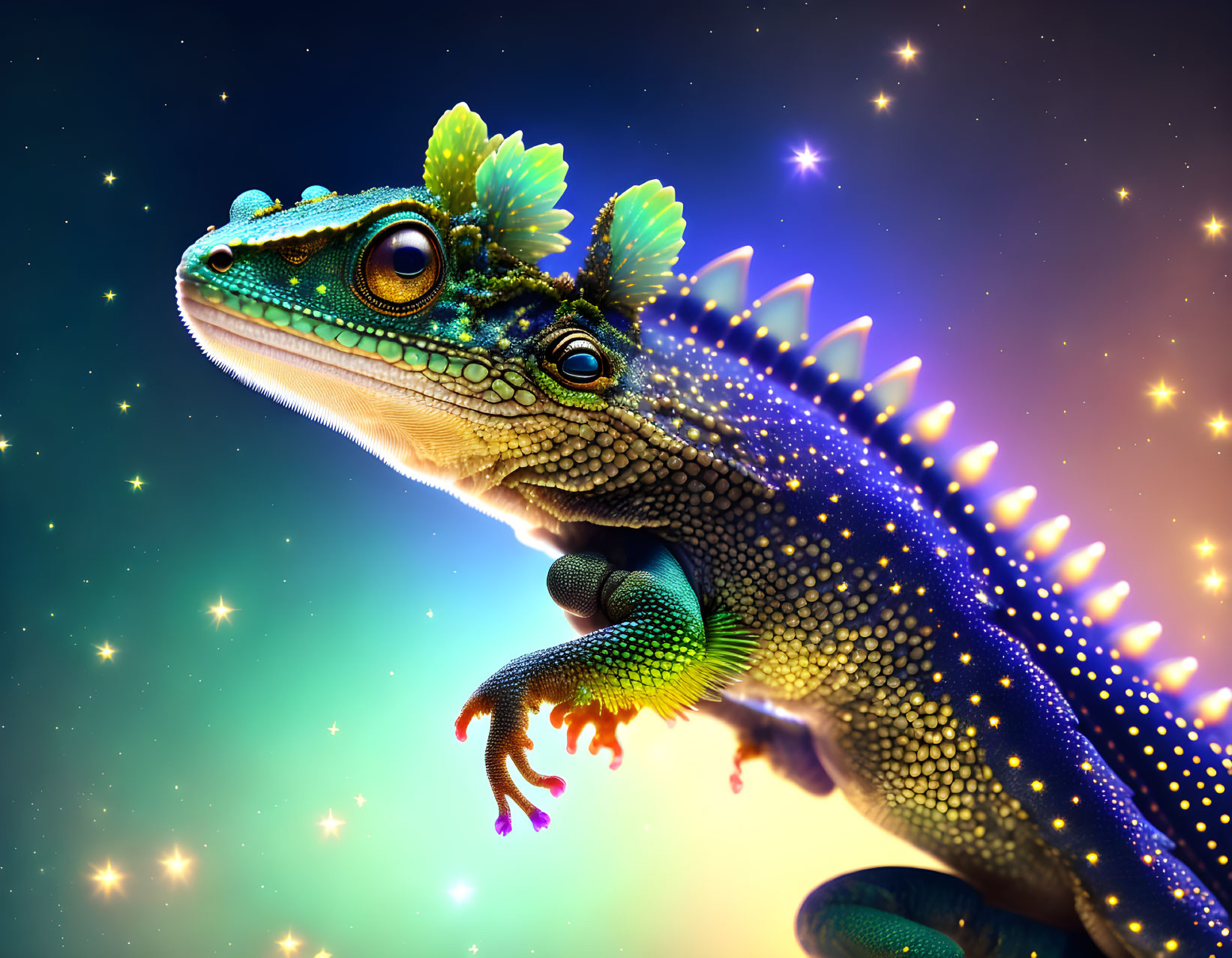 Colorful gecko digital art with cosmic background