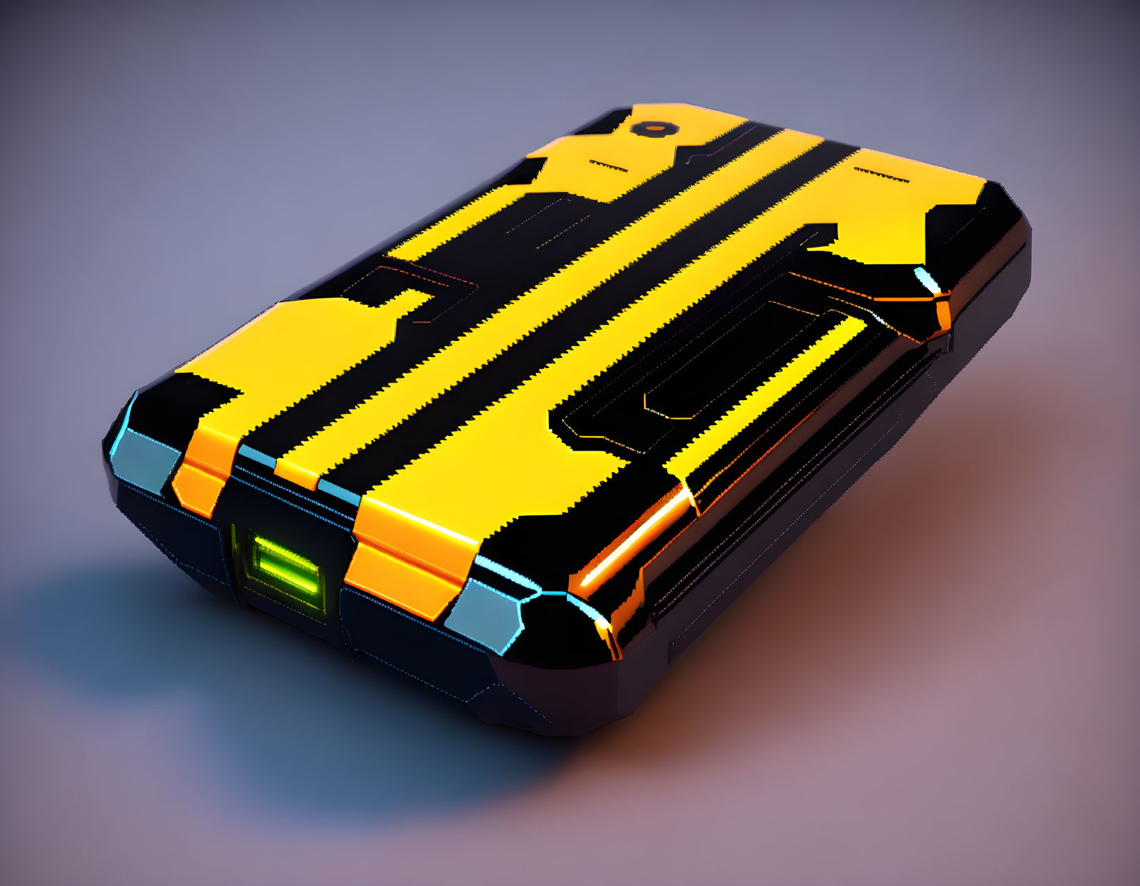 Sleek Black Portable Device with Neon Stripes on Gradient Background