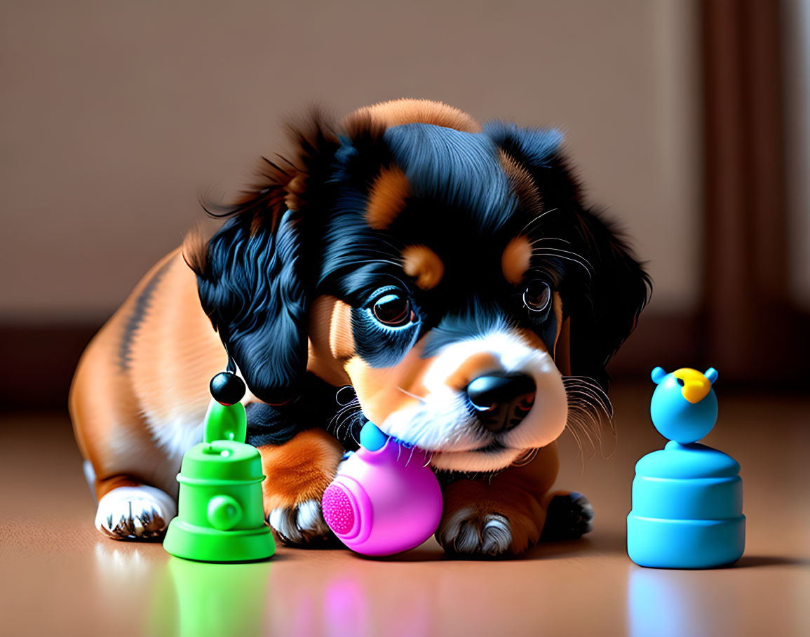 Colorful Toy Puppy Surrounded by Playful Parts on Wooden Floor