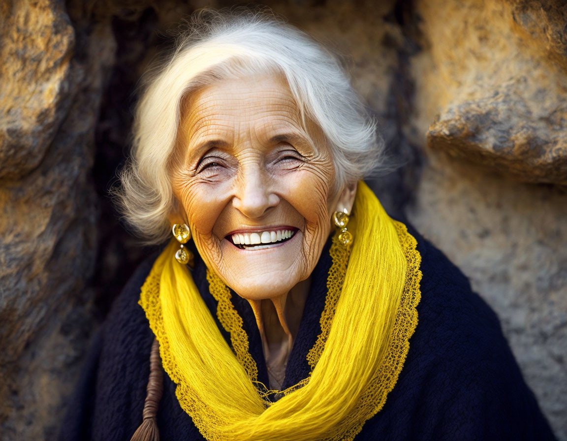 Elderly Woman Smiling in Yellow Scarf and Navy Sweater