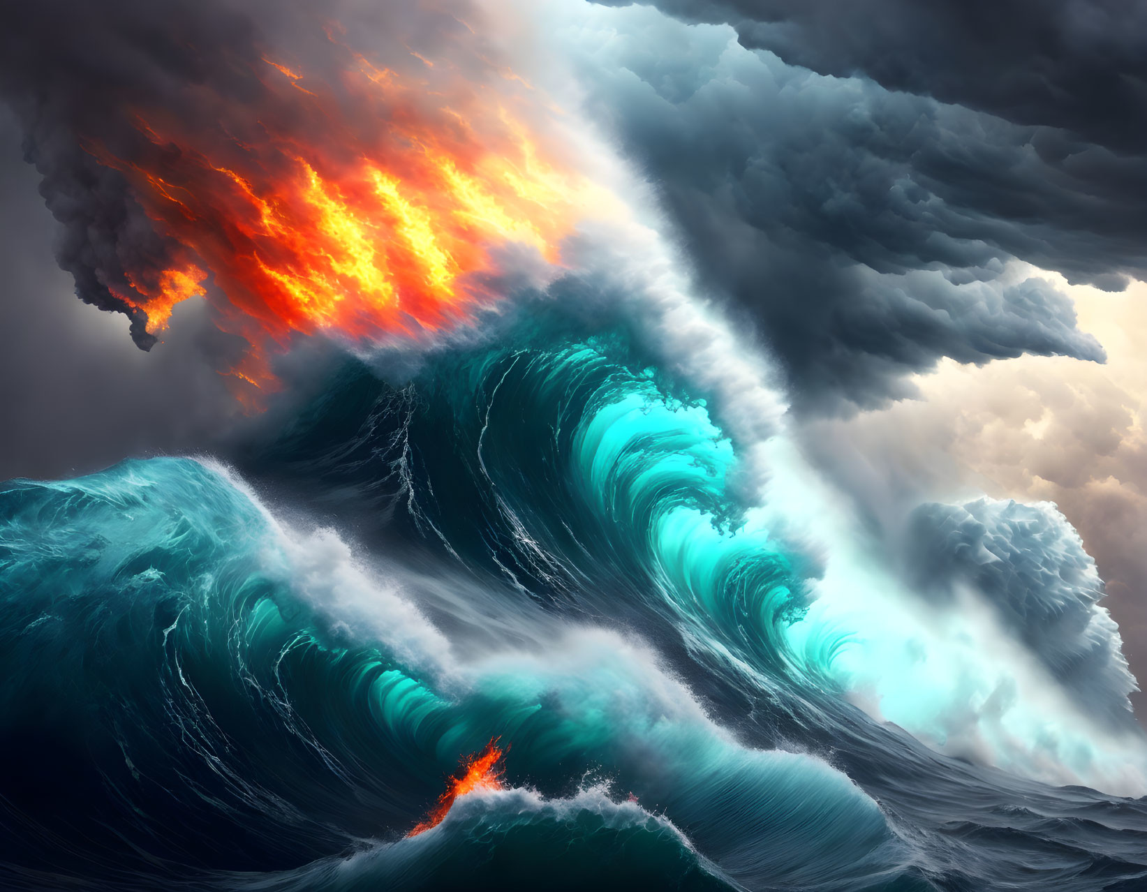 Surreal ocean waves and fiery stormy sky scene