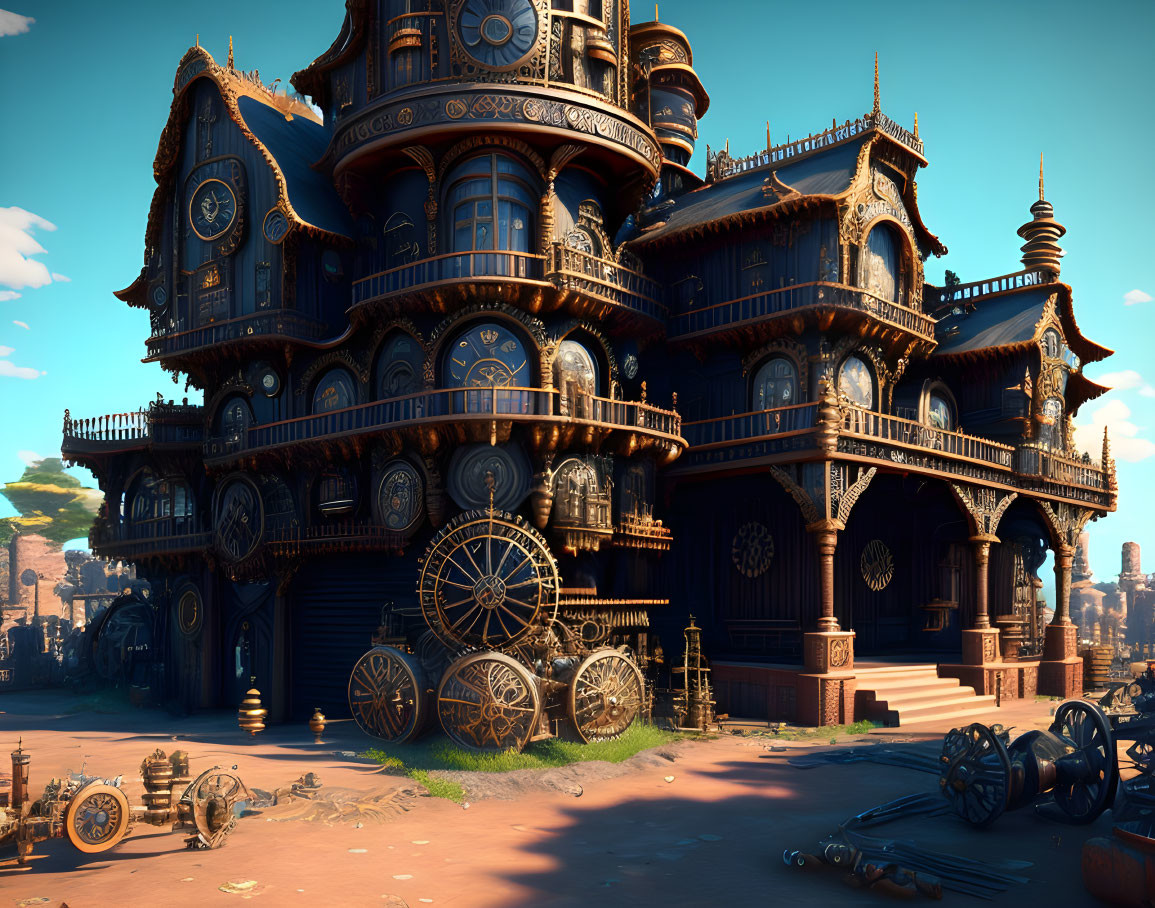 Intricate Steampunk-Style Mansion with Cog Designs and Balconies