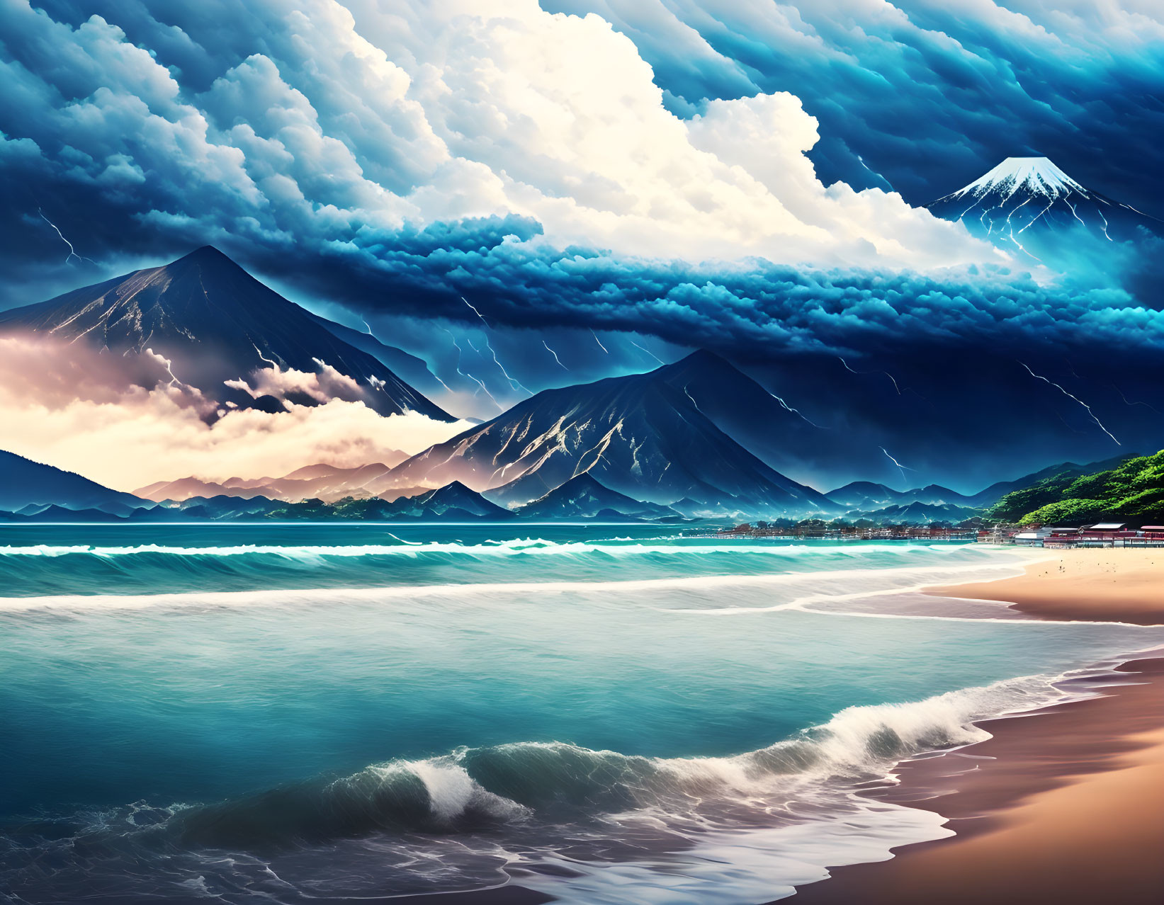 Imposing Mountains and Stormy Sky Over Serene Beach