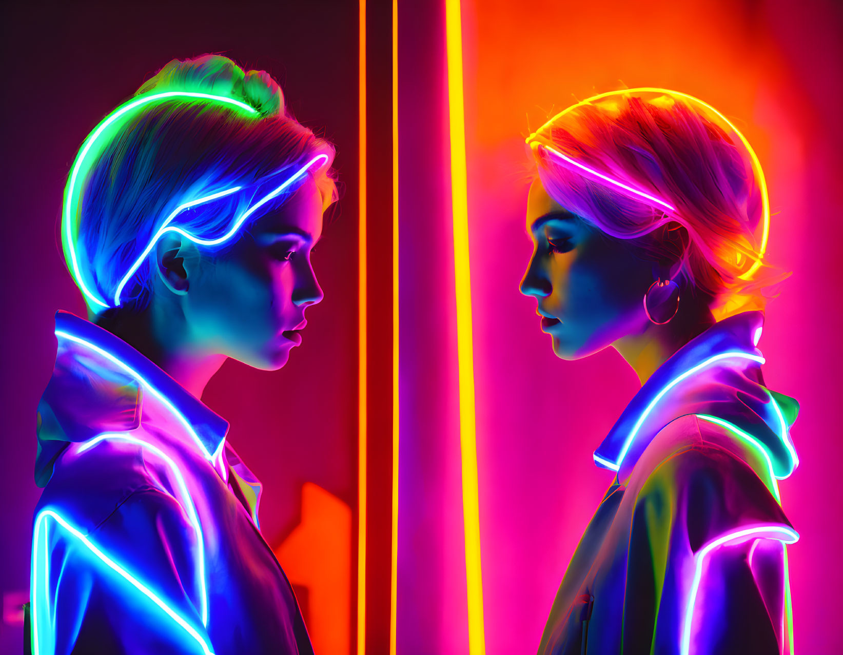 Dual neon-lit profiles in pink and blue lighting contrast