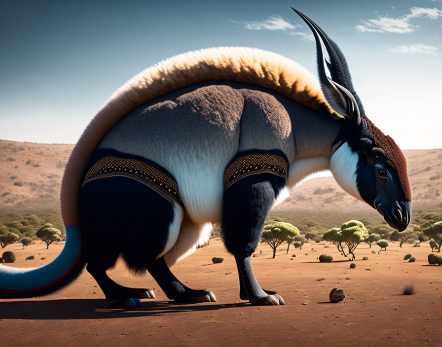 Fictional creature with antelope-like horns in savanna landscape