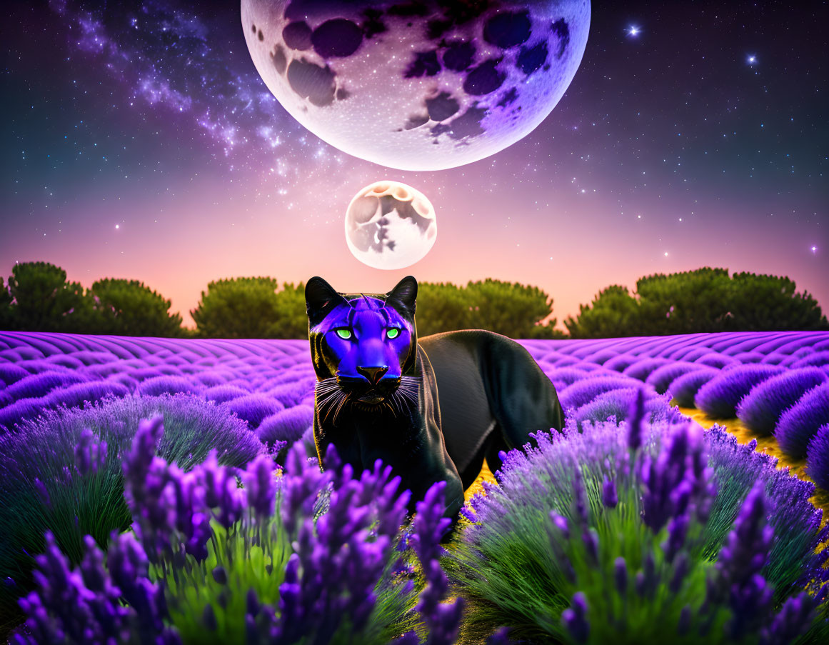 Black Panther with Glowing Eyes in Purple Lavender Field at Night