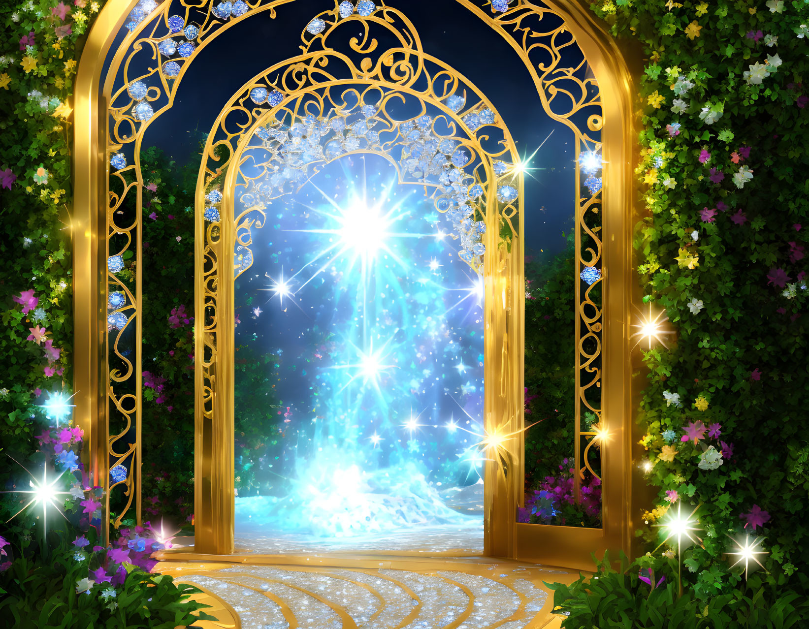 Golden gate leading to magical starry realm with lush surroundings and sparkling pathway