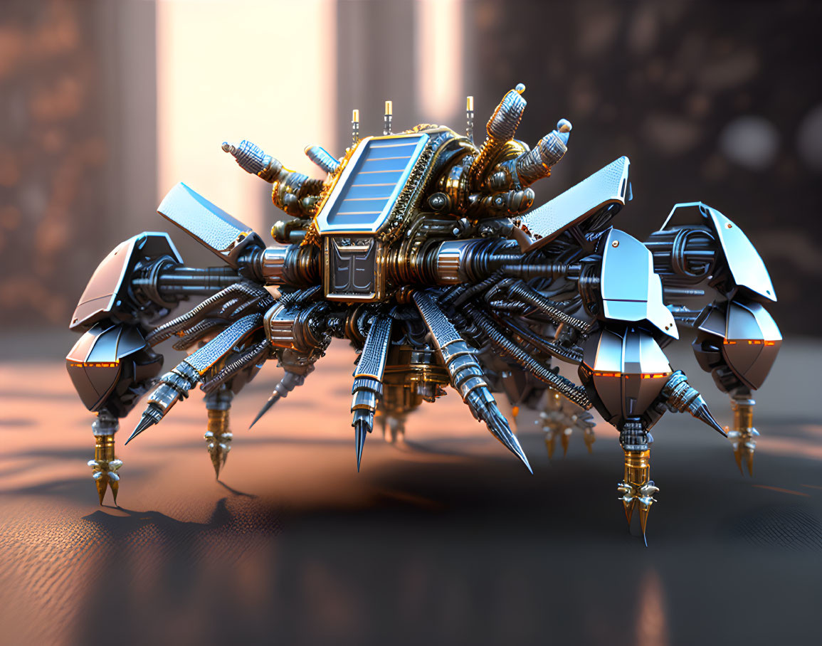 Intricate futuristic mechanical spider with solar panels and blue accents