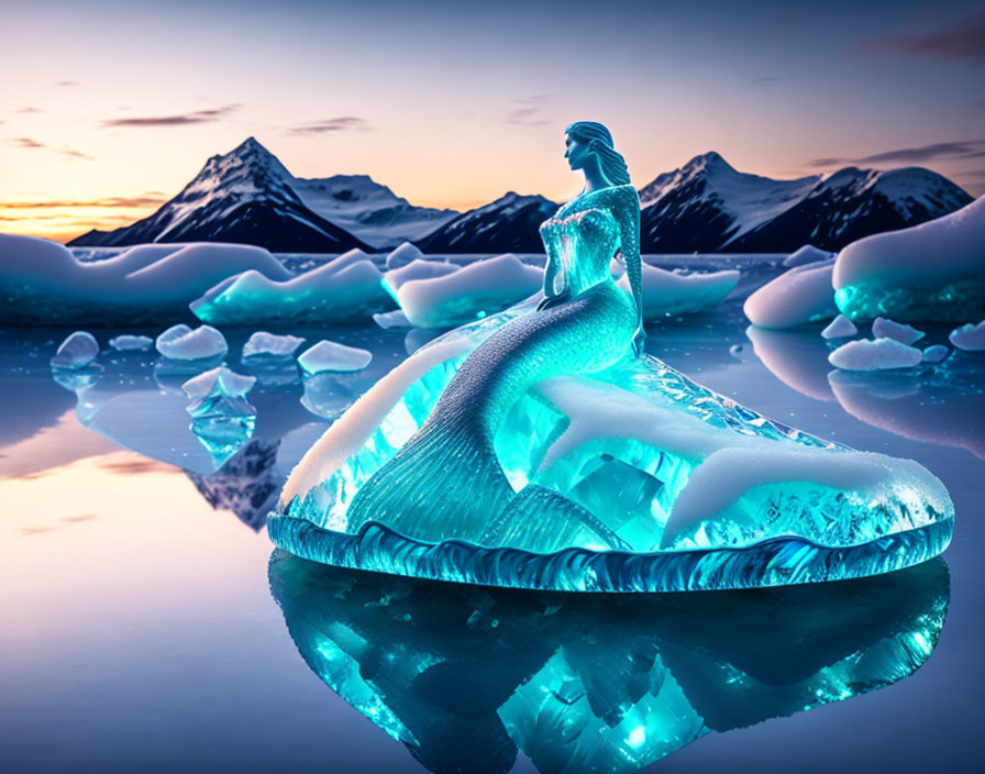 Translucent ice-like woman melded with iceberg in Arctic landscape