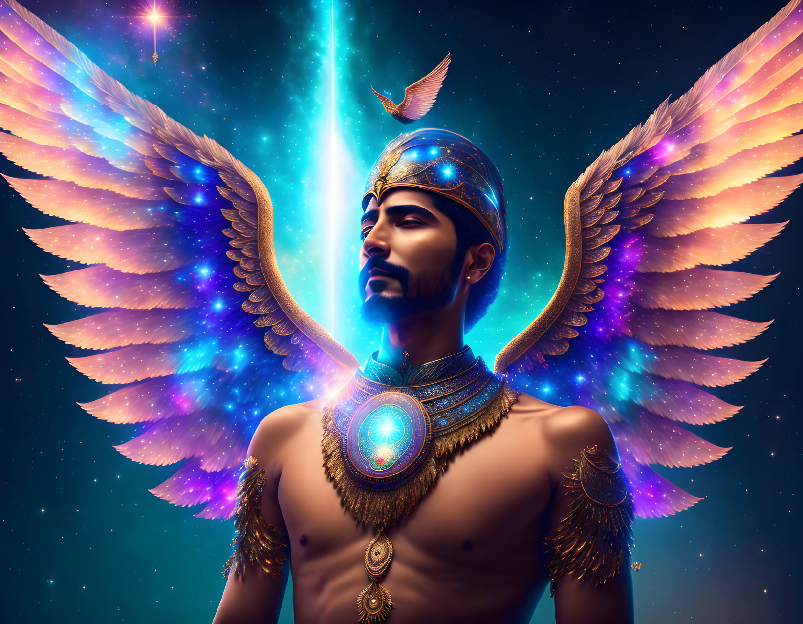 Golden armored male figure with wings in starry sky.