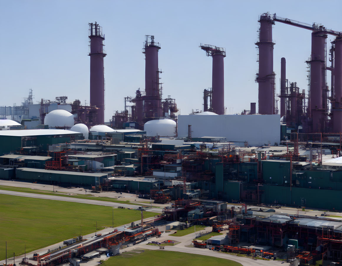 Industrial facility with distillation towers and storage tanks under clear sky