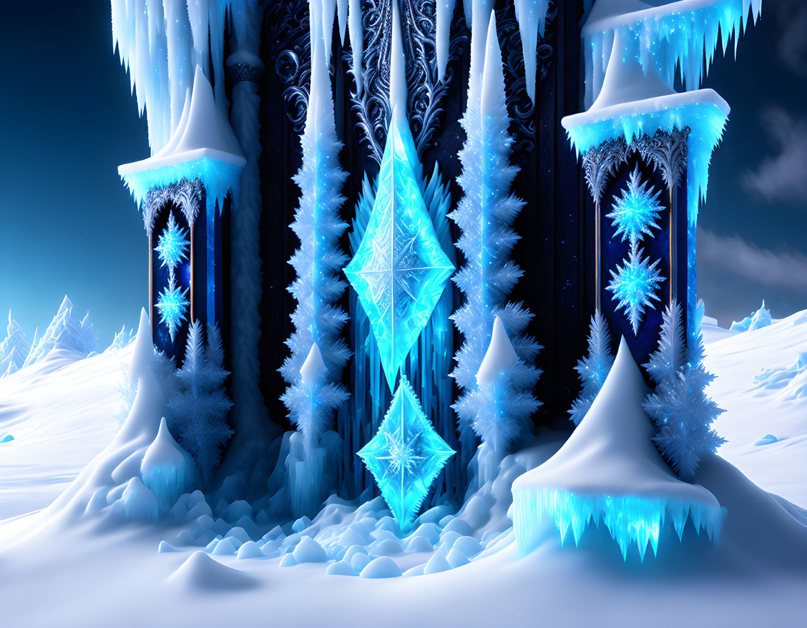 Icy Landscape with Crystal Formations and Frosted Pillars