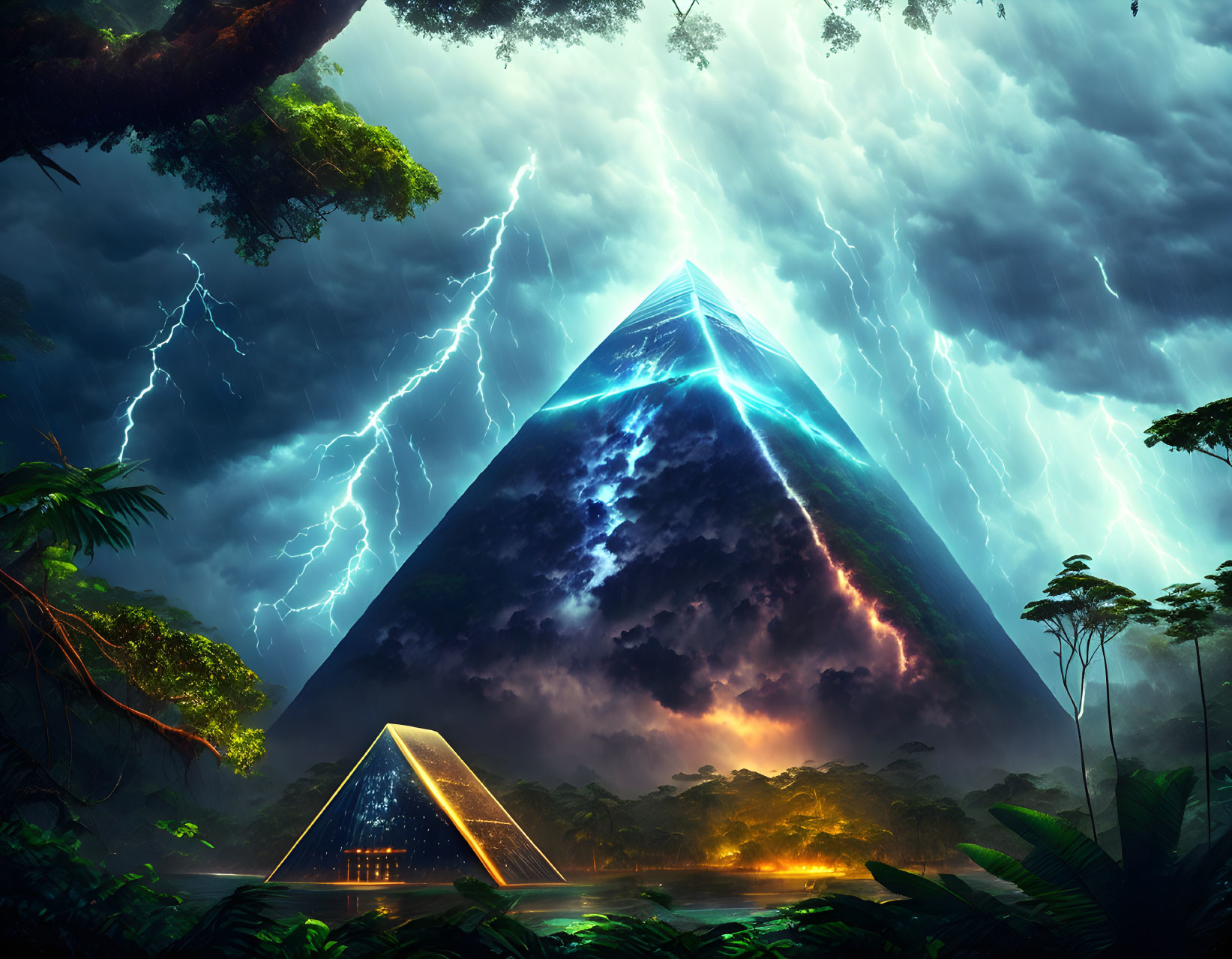 Mystical jungle scene with luminous pyramid and lightning-struck mountain