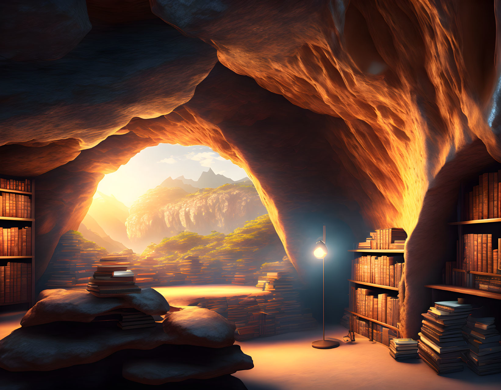 Mystical cave library with towering bookshelves overlooking sunset landscape