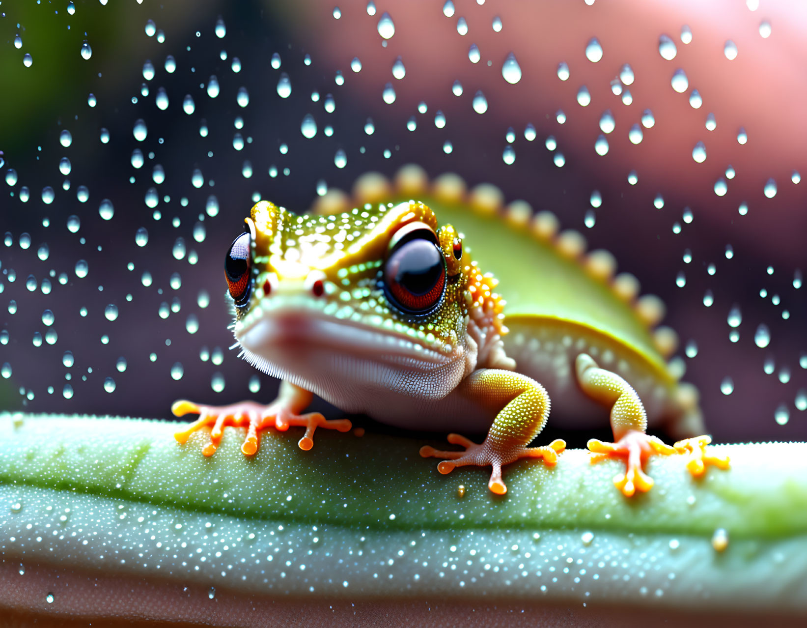 Colorful Gecko with Big Black Eyes on Dew-Covered Leaf