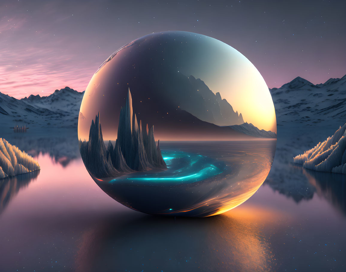 Surreal image of reflective sphere with mountain landscape and blue river