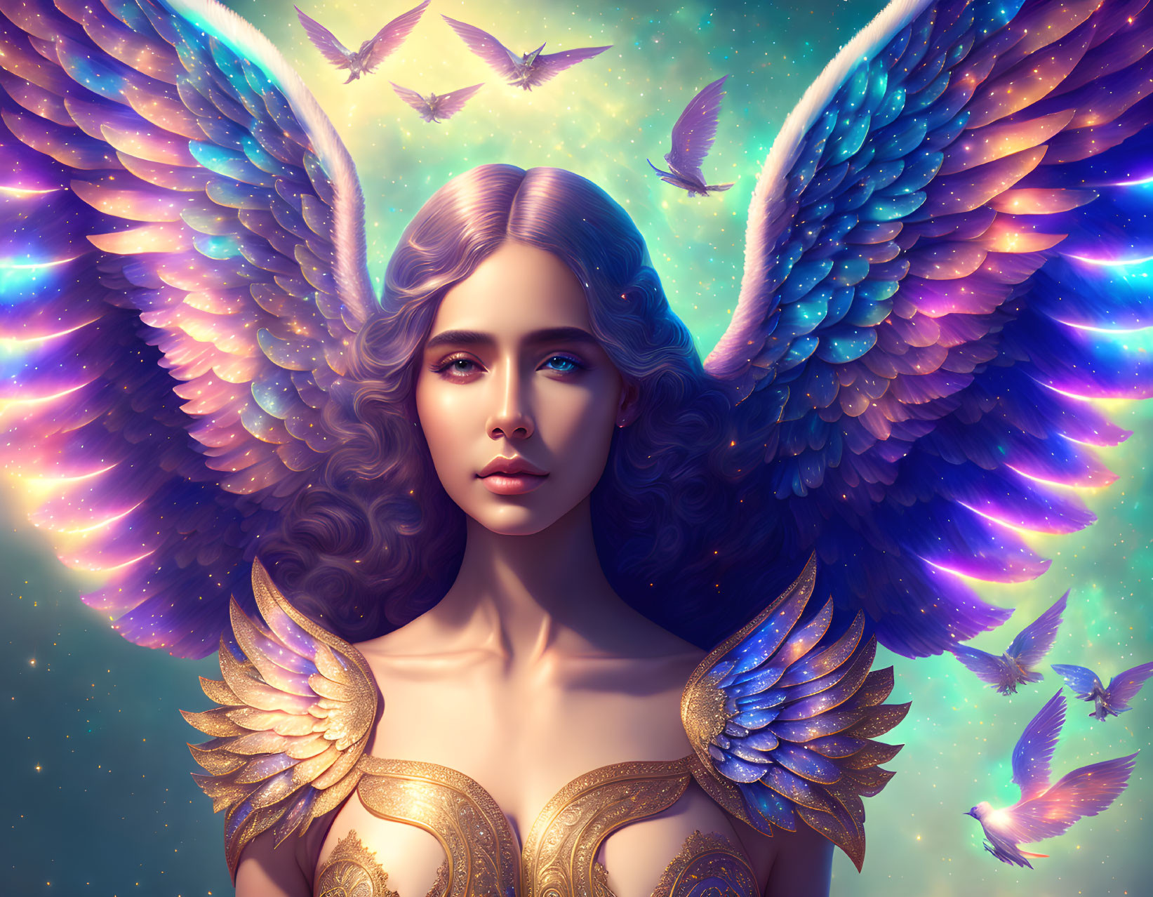 Colorful angel wings woman surrounded by glowing birds in celestial setting