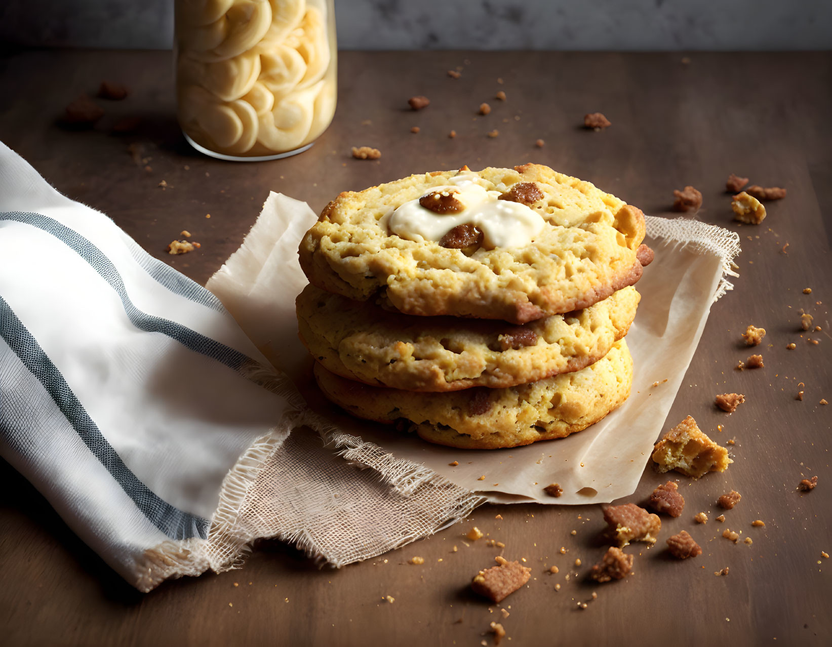 Homemade cookies stack with milk jar on wooden surface