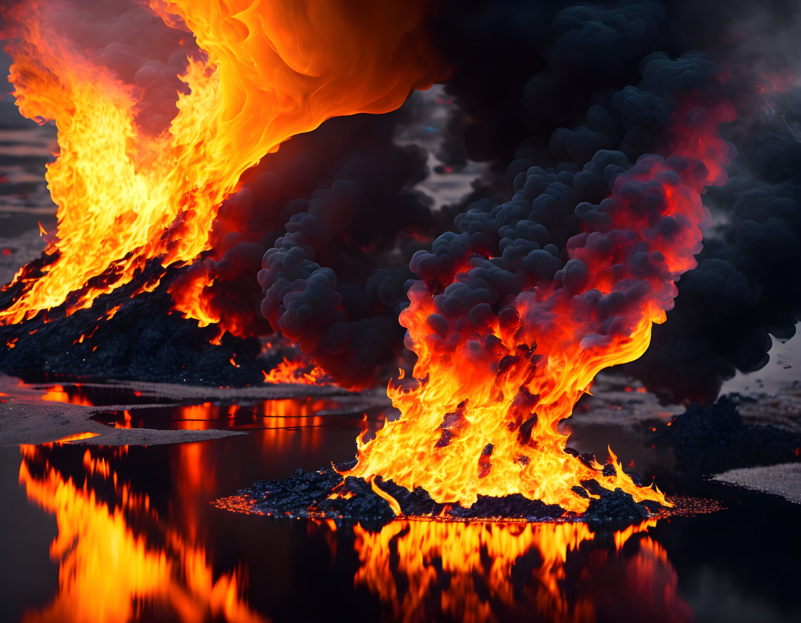 Fiery eruption with intense flames and billowing smoke near a lava field.