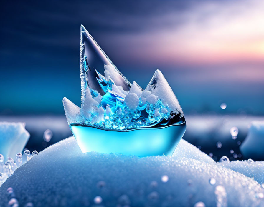 Translucent ice flower with glowing blue petals on frosty surface