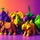 Vibrant geometric origami elephants in colorful digital art