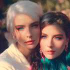 Colorful-haired women in striking makeup under warm sunlight with lens flares.