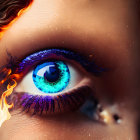 Close-up of Blue Iris Eye Surrounded by Orange Flames and Purple Mascara