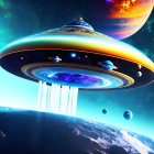 Digital Artwork: UFO hovering over planet with celestial bodies