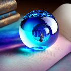 Colorful backdrop with reflective blue orb and miniature world captured in vibrant image.