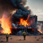 Intense flames engulf large structure in desert at dusk