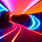 Colorful Neon-Lit Tunnel with Curving Lines