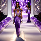 Model showcasing purple strapless evening gown with bold neckline and high slit